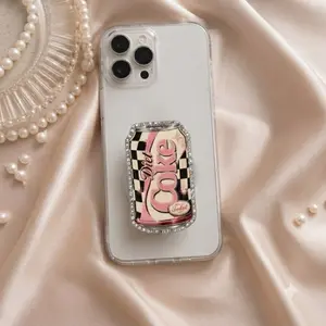 Trendy Soda Can Shaped Phone Grip, Aesthetic Pink Checkered Rhinestone Phone Holder, Cute Pop Socket Stand