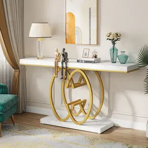 LITTLE TREE 55-Inch Gold Console Table for Entryway, Modern Faux Marble Foyer Table with Geometric Metal Legs, Narrow Long Sofa Table for Living Room