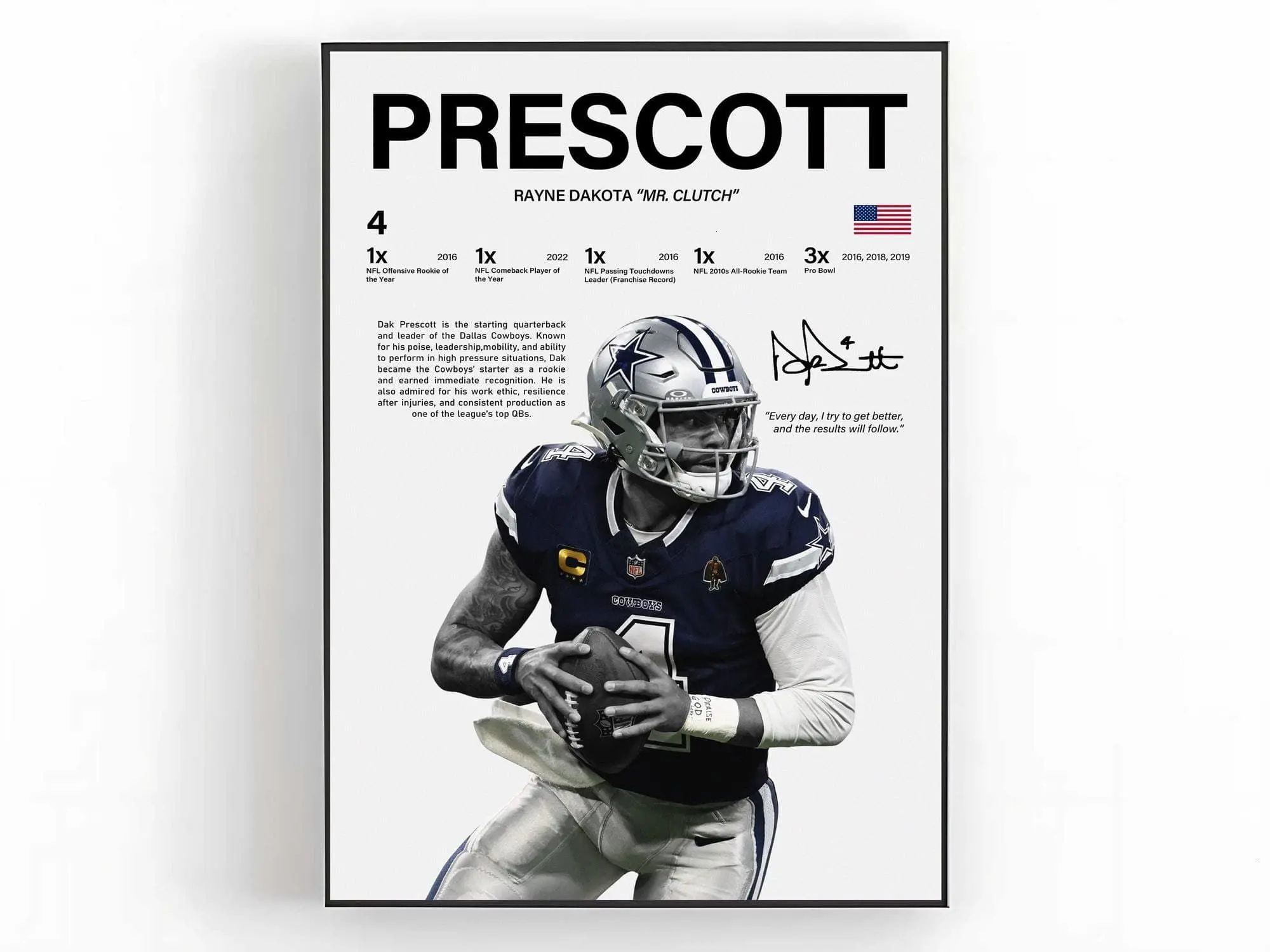 Dak Prescott Poster  Wall Art Print Sports Room Decor Fan Gift ( Unframed - Print Only )