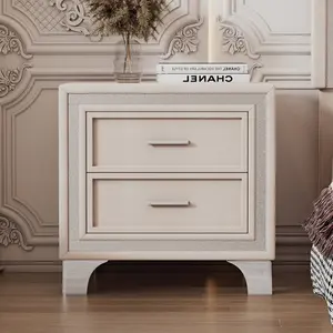 【GOOGREAT】Mid Century Vintage Nightstand with Silver Glitter Strip Decor and Metal Legs, Velvet Bedside Table with 2 Drawers, Fully Assembled Except Legs and Handles, Beige