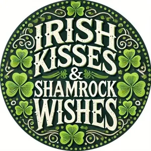 1PC 2D plane   St. Patrick's Day 19.99cm Round Sign - "Irish Kiss and Shamrock Blessing" - Festive Wall Decoration with Shamrock Leaves, Durable Metal, Suitable for Home, Coffee Shop, Garden, Door - Charming Festive Greeg, Doorplate