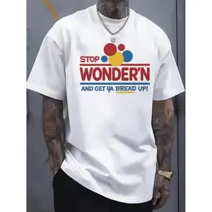 Mens Casual Short-Sleeve Round Neck T-Shirt, Humorous Menswear Graphic Tee Featuring a Smiling Bread Slice and the Phrase "Stop Wondering and Get Your Bread Up"