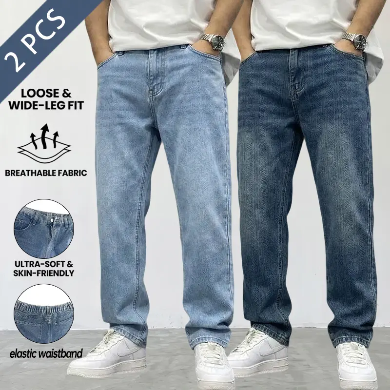 Men’s vintage washed distressed straight-leg jeans with an elastic waistband at the back, breathable, skin-friendly denim fabric, a slim straight fit, casual streetwear long pants for everyday wear, available in four colors.