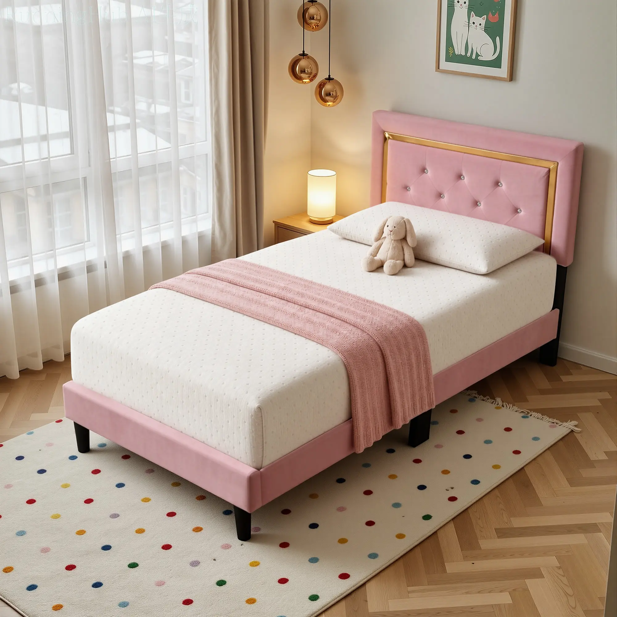 ALLWEX Twin Size Velvet Platform Bed Frame - 44" Width Rectangular, Modern Glam Tufted Headboard with Gold Trim & Crystal Buttons, Sturdy Metal-Wood Slat Support, No Box Spring Needed, Ideal for Bedroom Decor, Queen Bed Frame Option Available