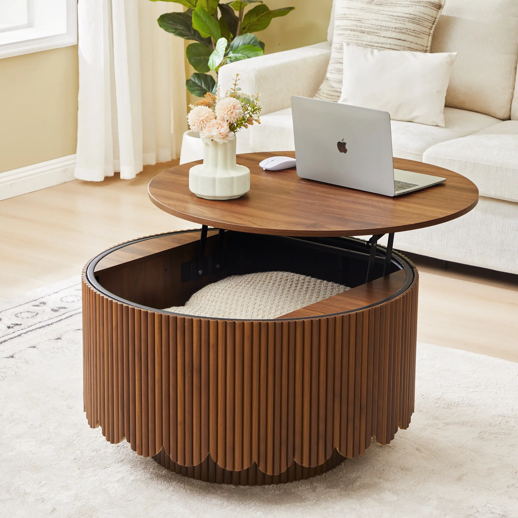 Giratree Fluted Round Lift Top Coffee Table with Storage for Living Room, | Wood Coffee Table with Lifting Top, Small Round Center Table,Mid Century Modern Scalloped Circle Coffee Table for Living Room