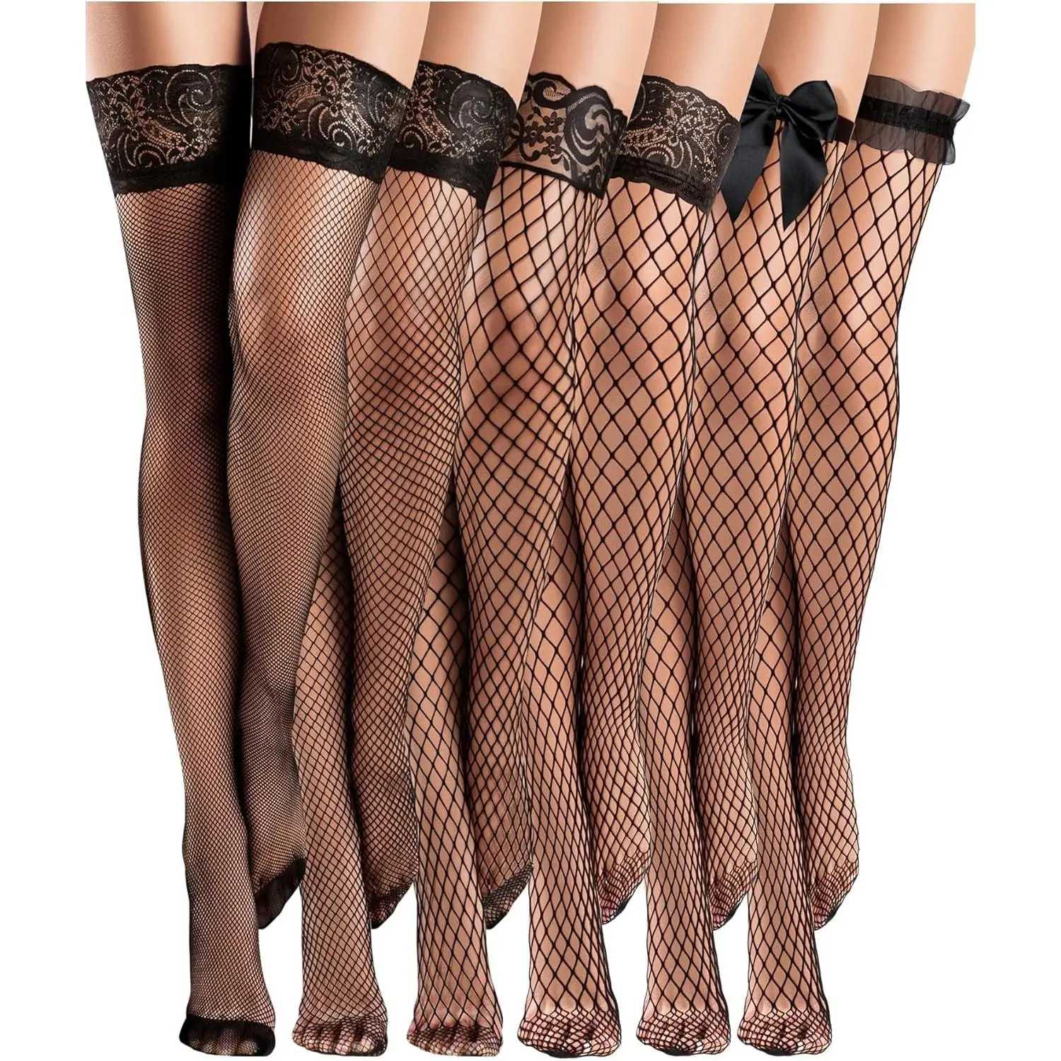 Women's 6-Pair Elastic Fishnet Thigh-High Stockings - Lace-Top Soft Spandex Sheer Over-Knee Fashion Accessories for Halloween, Valentines Day, Clubs, Dress, Cosplay, Socks, Festival, Casual, Party
