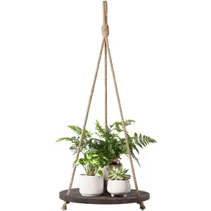 Shelf Round  Rope  Floating Shelf   Decor Display Planter Rack for Living Room Bedroom Kitchen, Dark Brown