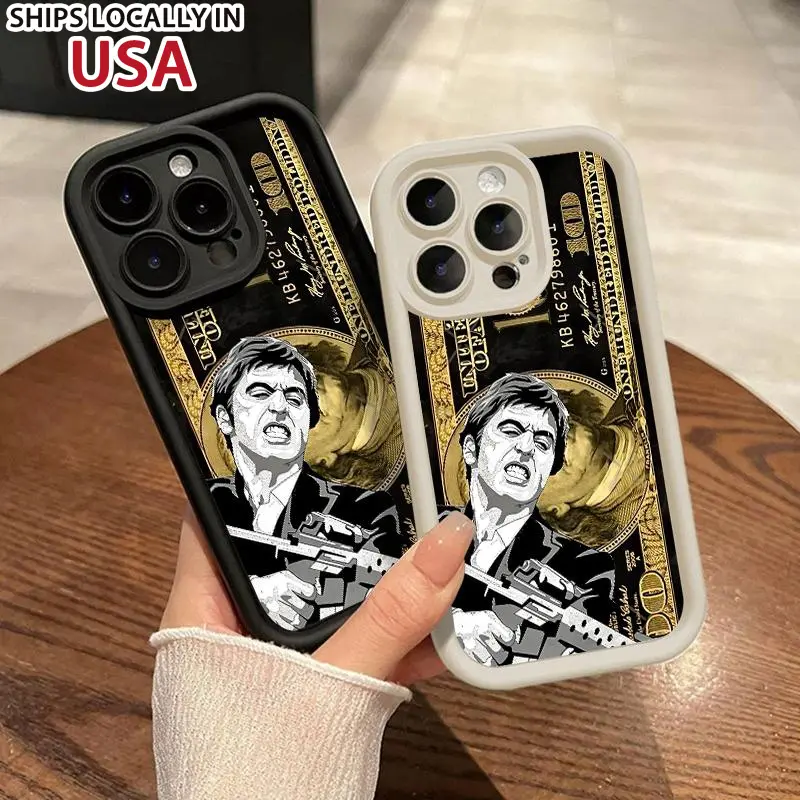Scarface Money-Painted Pattern Smartphone Case - Military-Grade Shockproof, Non-Slip Silicone Casing for iPhone 16,15,14 Pro Max,13,12,11,XR,XS Plus Handheld Devices, Cellphone Accessories