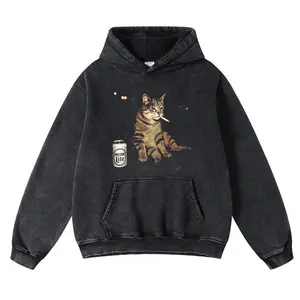WACKY CAT Hoodie Vintage High-Quality Crew Neck oversized loose Fit Cotton Fabric Casual Comfort Windproof Warm Funny Long Sleeve Sweatshirt Fashion for Men and Women Top Daily Wear 102001