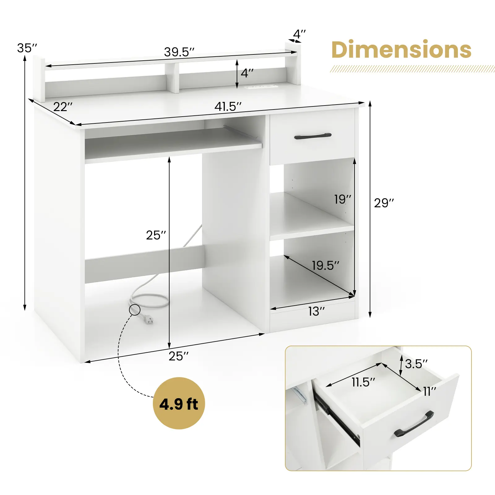 COSTWAY - White Desk with Charging Station and Adjustable Shelf for Home Office-White