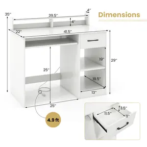 COSTWAY - White Desk with Charging Station and Adjustable Shelf for Home Office-White