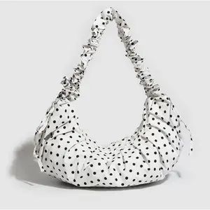 Women's Fashion Polka Dot Dumpling Bag, Unique Drawstring Pleated Shoulder Strap Design Single Shoulder Bag, Quality Daily Casual Zipper Handbag, Women's Fashion Clutch Wallet, YM69