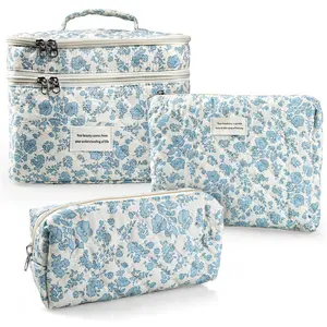 Dual Layer 3Pcs/ Set Makeup Cosmetic Bag, Large Quilted Travel Coquette Aesthetic Cute Floral Make up Bag for Women Toiletry Bag Organizer