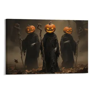 Wooden Framed Canvas Painting 1-3 Count Mysterious Black-Robed Wizards Fantasy Poster Halloween Decorative Art for Living Room & Bedroom Ornaments Modern Home Decor