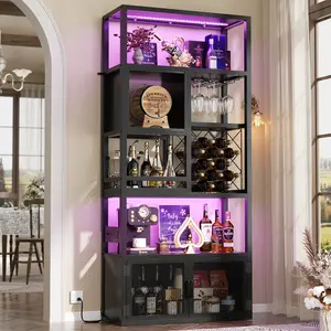 82.6" Tall Bar Cabinet with Power Outlets & LED Lights, Liquor Cabinet Bar for Home, Reversible Coffee Station Wine Cabinet with Glass Holder & Wine Rack for Small Space