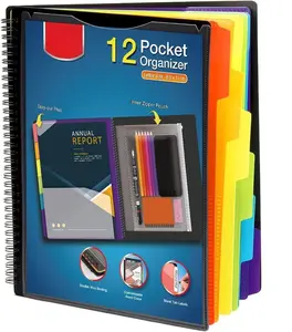 12 Pocket Poly Project Organizer, Spiral Multi Pocket Folder Organizer, Multi-Subject Folder Notebook, Letter Size