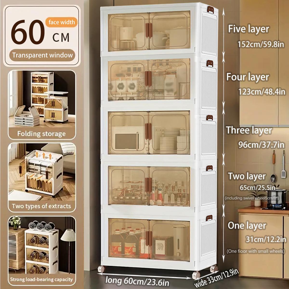 60cm 2-3-4-5 layers Collapsible Storage Bins with Lids, Folding Storage Box For Home, Kitchen and Office,Stackable Closet Organizer with wheels, With Doors Cube Storage Containers