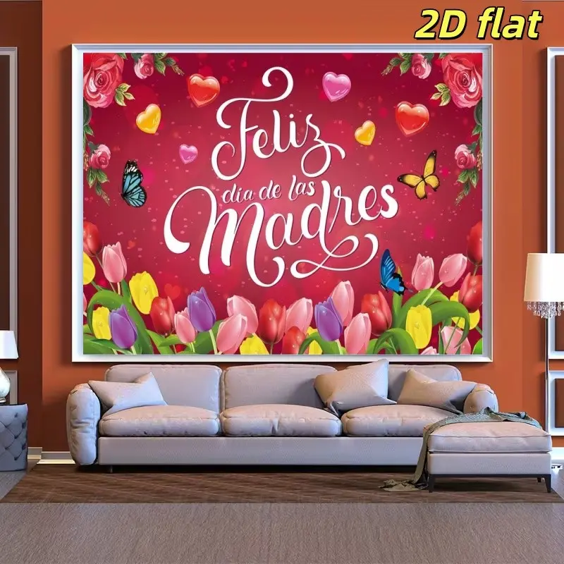 2D Flat 1pc Spanish Happy Mother's Day Backdrop Banner, Rose Tulip Heart Butterfly Burgundy Background Photography, Ideal for Latin Mother's Day Party, Family Celebration, Photo Booth Decor, Multiple Sizes Available