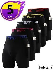 5-Pack Men'S Underwear with Pockets - Breathable, Elastic, Quick Drying, Elastic Waistband, Sports And Leisure, Running Fitness Boxer Soft Lightweight, Men's Briefs, Quick-drying Long Leg，Christmas Gift for Son, Anniversary Husband