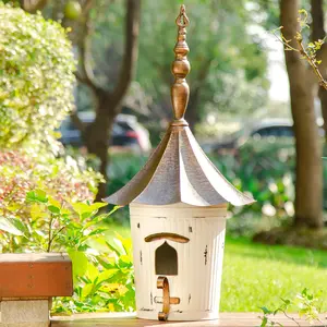 Glitzhome 29.75"H Farmhouse Washed White Distressed Metal Pagoda Birdhouse with Bronze Roof (KD)