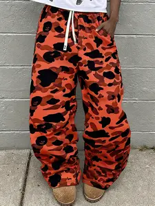 Men's Loose Camo Print Long Pants, Street Style + Y2K Oversize, Loose Fit Baggy, Striped Pattern, Drawstring Waist, Casual Fit, All Seasons, Casual Street Trousers, Casual Fashion Bottoms, Camouflage Loose Pants