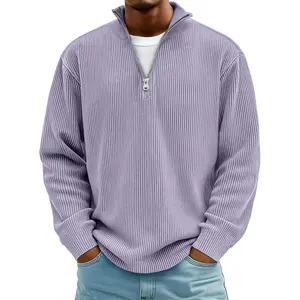 Men’s stylish quarter-zip corduroy ribbed polo sweatshirts, knitted pullovers, stand-up collar sweaters