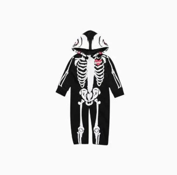 Kids Skeleton Bones Romper Jumpsuit - Black Soft Cotton Full-Body Hooded Scary-Creepy Outfit for Boys & Girls, Halloween Dress-Up for Party, Stage Performance