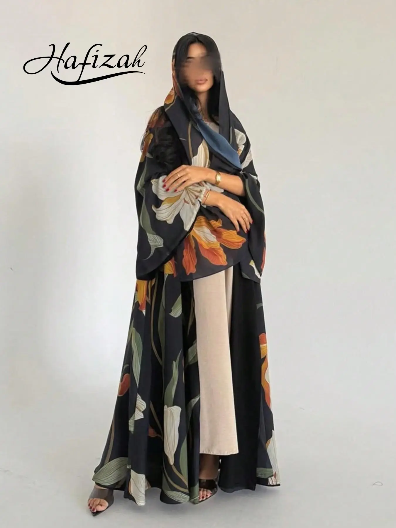Hafizah Floral Print Abaya with Hijab, Loose-Fitting Muslim Women's Long Coat Set with Matching Headscarf, All-Season Middle Eastern Style