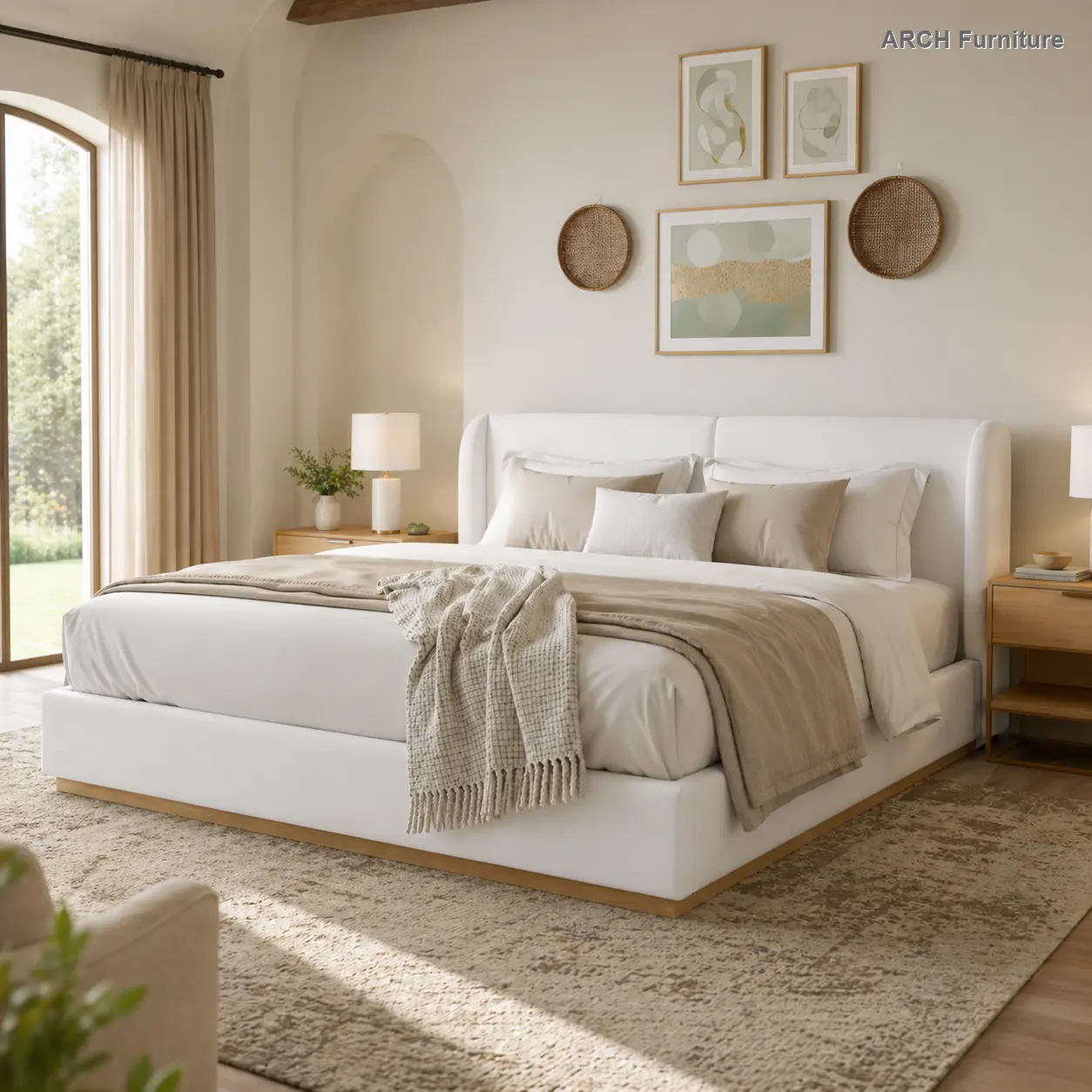 Modern White Bouclé Wingback Upholstered Minimalist Platform Bed Frame - Queen/King Sizes, 800lb Capacity, Dustproof Enclosed Wood Base, Queen Size Bed Frame, Wingback Upholstered Bed