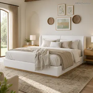 Modern White Bouclé Wingback Upholstered Minimalist Platform Bed Frame - Queen/King Sizes, 800lb Capacity, Dustproof Enclosed Wood Base, Queen Size Bed Frame, Wingback Upholstered Bed