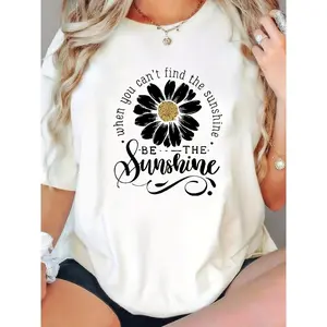 Be The Sunshine Daisy Floral Graphic T-Shirt, Positive Quote Print Tee, Oversized Comfort Colors Shirt, Boho Casual Short Sleeve Top, Trendy Positivity Aesthetic Cotton Tee for Self-Love and Boho Fans