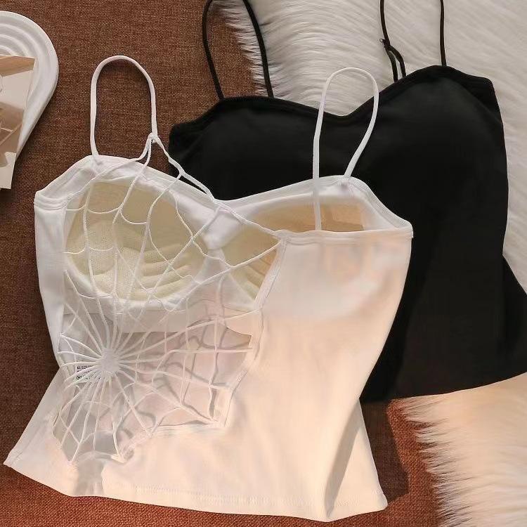 White Camisole Vest for Women Summer Inner Wear with Chest Pad Spider Web Beautiful Back Bra Integrated Sweet Spicy Girl TubeWomenswear Tops Workout Tops Spaghetti Strap Basic Workout Sets Women Sports Bra Casual Minimalist Short Sleeveless
