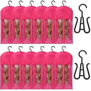 12 PCS Dustproof Wig Storage Bags with Hanger - Perfect for Wig & Hair Extension Hanger, Stylish Wig Bags Storage with Hanger to Keep Your Wigs Safe & Organized 60x30cm(Hot Pink)