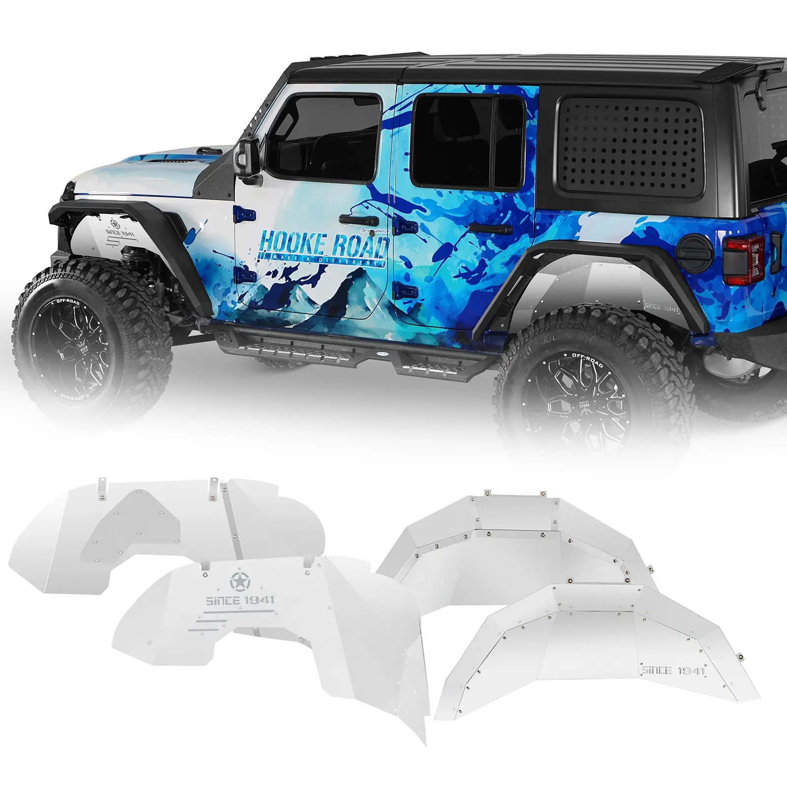 Hooke Road Aluminum Front & Rear Inner Fender Liners - Vehicle Exterior Splash Guards, Automotive Accessories & Decoration for 2018-2026 Jeep Wrangler JL (Excluding Rubicon 3.6L Engine)