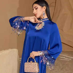 2025 new blue iridescent laser gradient fringed abaya long dress, long sleeves, hand-stitched sequins, glitter, a noble and elegant long dress, suitable for daily gatherings and parties,kafutan