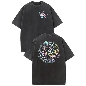 Sunland Oversize Acid Wash Vintage Skeleton Pattern T-Shirt,Inspiration Women Tops,Sarcastic Quote Tee,Motivational Gift,comfort Cotton Fabric Tee For Women