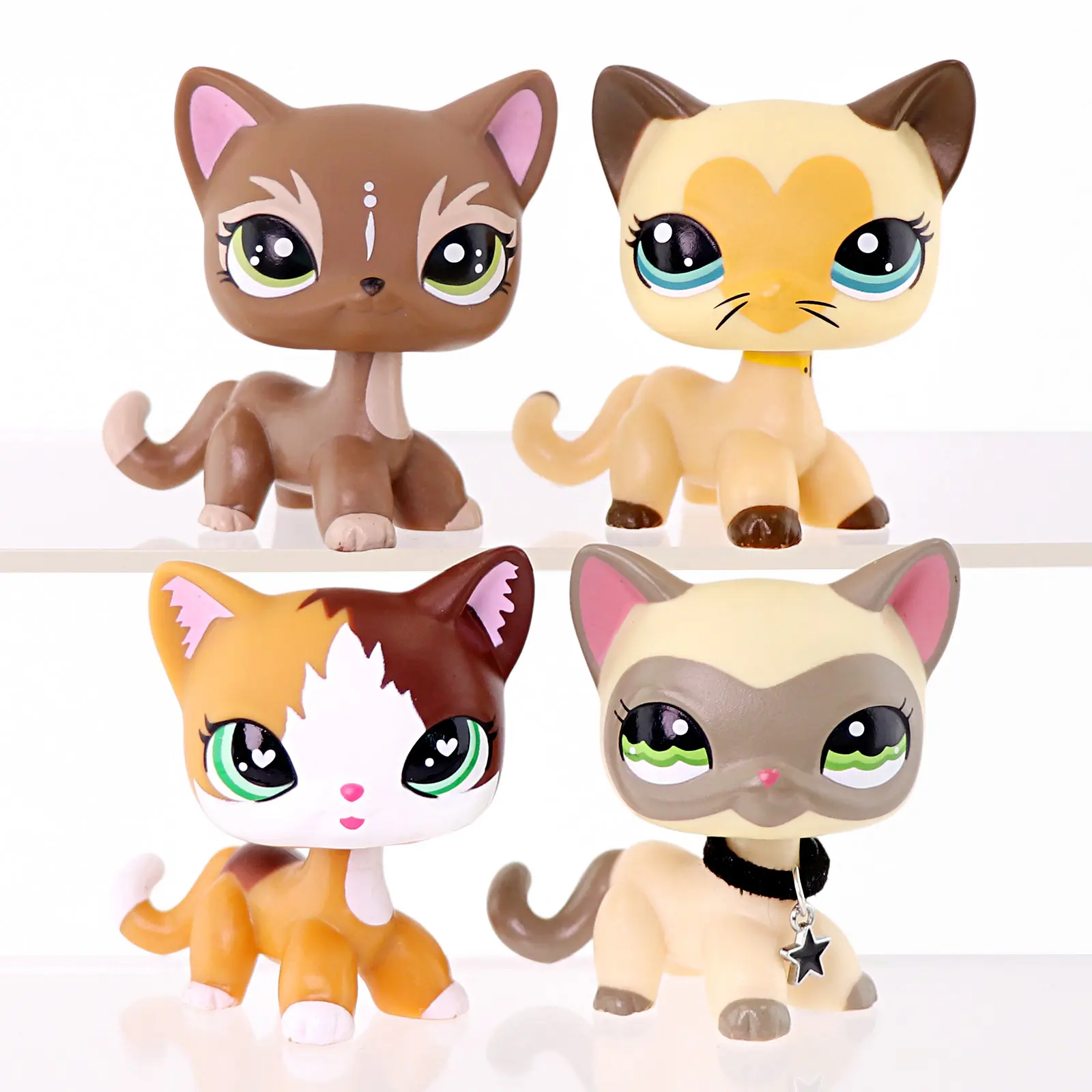 4 Pcs Mini Cat Figurines Set, Cute Cartoon Kitten Toy Figures with Star Collar Accessory, Assorted Pattern Small Animal Statues, Kids Pretend Play Toy, Cake Topper & Desktop Decor