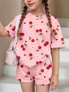 Girls' Fashion Multifunctional Set, Cherry Print Round Neck Short Sleeve Top & Elastic Waist Pants, Summer for Parties