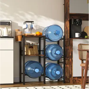 Oficina 3-Tier Water Bottle Rack Wood Top Metal Frame 5 Gallon Jug Storage Stand Black Industrial Organiser Shelf for Home Office Decorative Plants Wooden Industrial