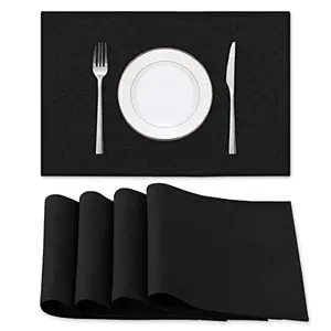 H.VERSAILTEX Linen Placemats Set of 4 Premium Solid Table Placemats for Dining Table Spill-Proof Waterproof Table Mats Heat-Resistant Kitchen Table Mats Washable, 12x18 inches, Black