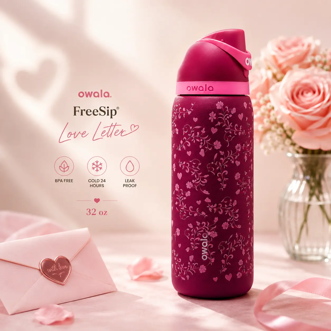 Owala FreeSip Love Letter 32 oz Insulated Stainless Steel Water Bottle with Built-In Straw, Limited Edition Pink Floral Heart Design