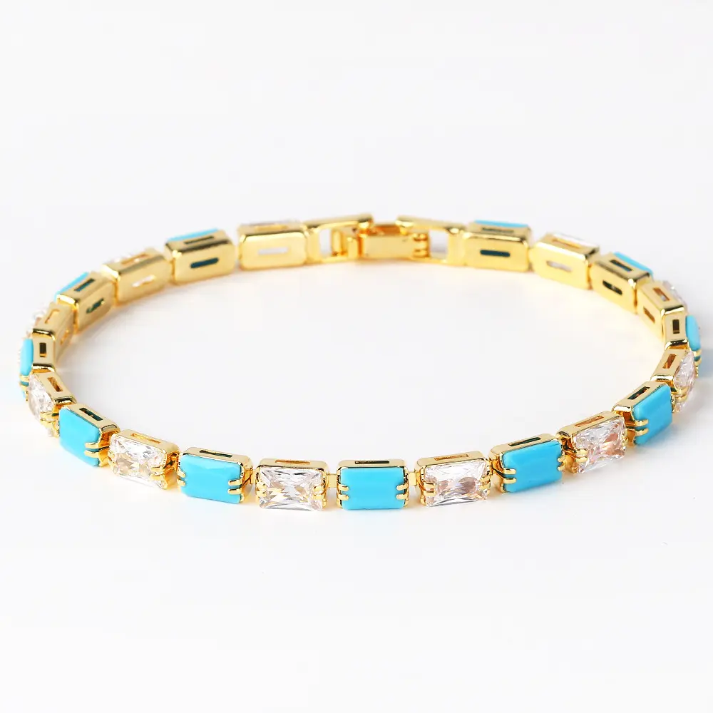 Turquoise Tennis Bracelet for Women | 18K Gold Plated Geometric Crystal Bracelet | Link Bracelet