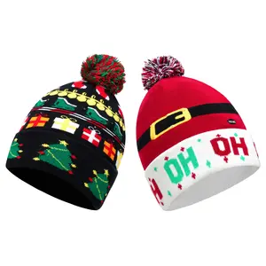 2THESTARS LED Light Up Christmas Beanie 2-Pack - Santa & Christmas Tree Designs Knit Wool Cuffless Brimless Cap for Winter Festive Fun Cold Look Ideal for Family Photos & Holiday Parties