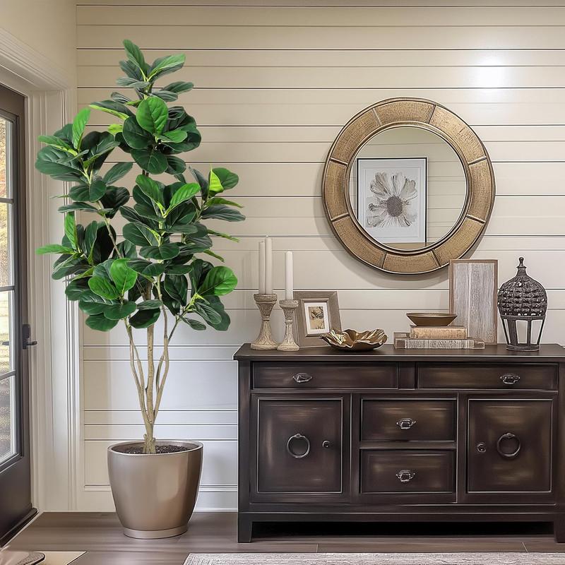 Artificial Multi-Stem Simulation Fiddle Leaf Ficus Tree, Fake Fiddle Leaf Ficus Plant Green Tree with Pot, Suitable for Indoor Outdoor Home Office Living Room Bathroom Decoration Gift Decorative Fruit Faux
