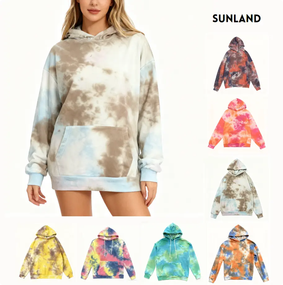 Women's Light Pullover Hoodie, Oversized Vintage Effect Tie Dye Top, Breathable Cotton Blend with Kangaroo Pocket