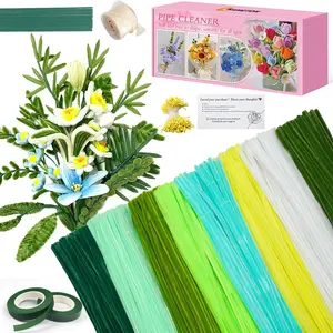 985-  Size  Muti-Color Pipe Cleaner Craft Kit with Floral Supplies - Chenille Stems, Flower Wires, Stamens & Video Tutorial for Wedding Decorations (Green White Set,  Craft Set)