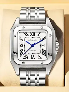 New Tank Series Luxury Mechanical Watch for Men, Square Dial Wristwatch, Analog Display, Stainless Steel Strap, Calendar Function, Business Casual Style