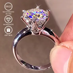 1pc 0.5/1/2/3/5/10ct 925 Silver Moissanite Ring |   Classic Six-claw Engagement Ring, Promise Ring, Wedding Ring, High Luxury Fine Jewelry, Anniversary Gift, Rhodium Plated, Color, For Teenager J001