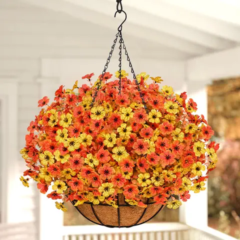 Large UV-Resistant Faux Daisy Hanging Flower Basket - Decorative Faux Hanging Plant, Fake Outdoor Flowers, No-Maintenance Outdoor Halloween Decor for Porch, Yard