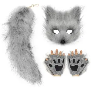 Fox Mask Tail and Paws Gloves Set Furry  Therian Kit Masquerade Halloween Costume Accessory